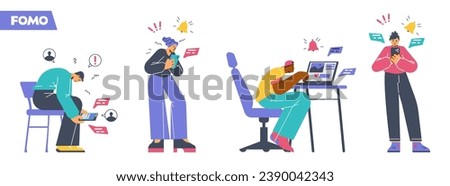 FOMO or Fear of missing out concept characters set, cartoon flat vector illustration isolated on white background. People anxious to follow trend or news.