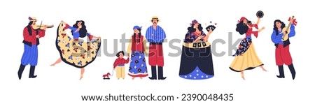 Set of romani people dancing and playing music instruments, flat vector illustration isolated on white background. Happy gypsy people traditions and culture. Witch reading tarot cards.