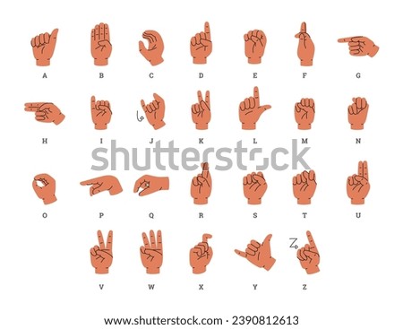 Alphabet in sign language for people with hearing impairments and deafness, flat vector illustration isolated on white background. Gesture sign language infographic.