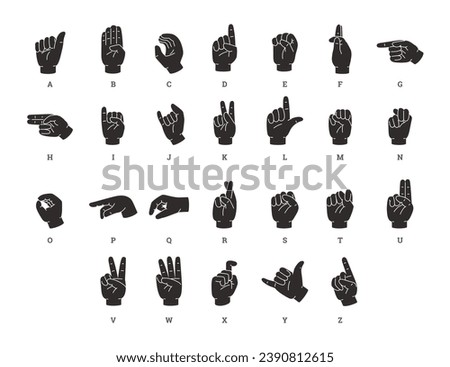 American sign language alphabet. Black one hand gesture showing letters vector illustration. Communication language for deaf, mute and hard hearing community.
