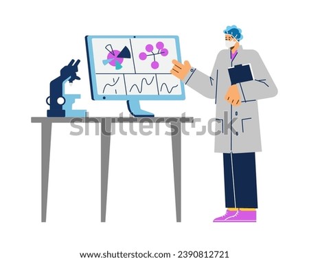 Virologist researching virus on computer. Cartoon scientists warn of a new virus, searching for antivirus and medication. Viral laboratory, vaccine search. Virus on monitor screen vector illustration