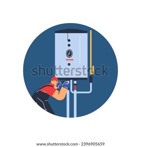 Professional plumber man installing a water heater, a boiler. Heating engineer at work, they are checking the boiler and home plumbing. Vector illustration isolated on white background