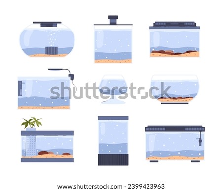 Glass home aquarium collection and accessories. Different forms fish tanks set. Stones on sand, and pure water. Cartoon vector illustration isolated on white background