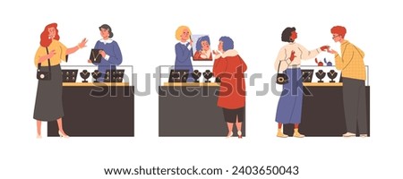 Women in jewelry store, set of vector illustrations on white background. Young female characters in shop, pretty ladies choose and buy luxury jewelry, gold and precious stones. Flat cartoon style