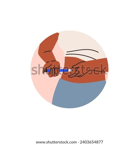 Diabetic patient using insulin pen for making an insulin injection to the abdominal area. Diabetes control and healthcare concept. Self injection, treatment with medical drugs vector illustration