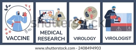 Virologist researching virus on computer, microscope. Cartoon scientists warn of a new virus, searching for antivirus and medication. Viral laboratory, vaccine search. Vector virology posters set