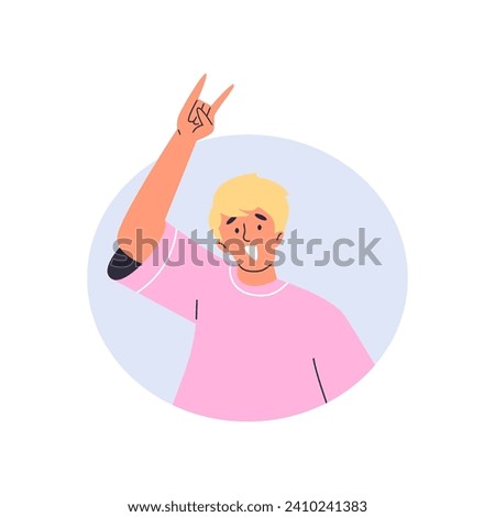 Young happy man is showing a rock sign of the horns gesture with his hand. Positive gesture emotion. Cartoon vector teenager feeling expression illustration in a round frame isolated on white