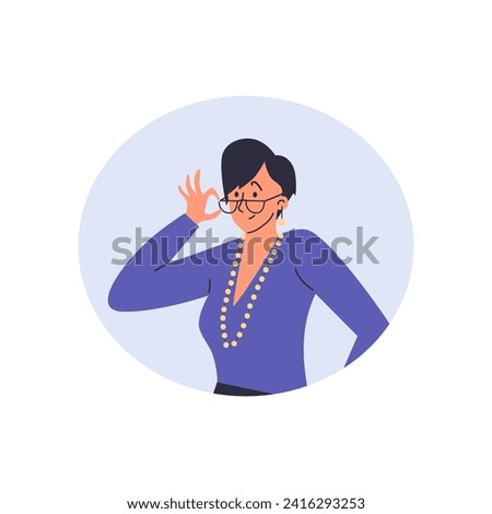 Question gesture emotion vector illustration. Wondered woman adjusts glasses thinking, doubting. Puzzled girl pondering, contemplating. Cartoon character in round frame isolated on white