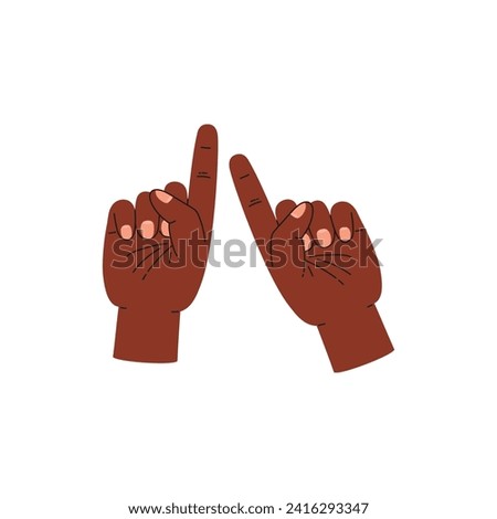 Fingers sign two 2 number on two hands, count infographic one plus one. Communication hands gesture number. Human palms and fingers show numbers vector cartoon illustration