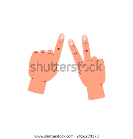 Fingers sign three 3 number on two hands. Communication gesture, count infographic 2 plus 1. Hands gesture number. Human palms and fingers show numbers vector cartoon illustration