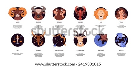 Horoscope symbols vector set. Twelve astrological signs with titles and text. Cartoon leo, libra, gemini, capricorn, sagittarius. Virgo, cancer, aquarius, pisces, aries zodiac icons in black circle