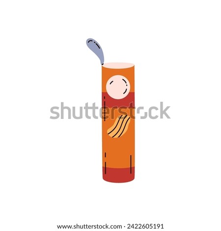 Potato chips tube packaging vector flat illustration. Open tin box container for package potato crispy chips. Unhealthy fat fast food isolated on white. Eating disorder concept