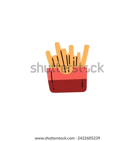 French fries fry potato pack box vector flat illustration. Unhealthy fat fast food icon isolated on white. Eating disorder concept. Snack stick French fries in a paper red bag