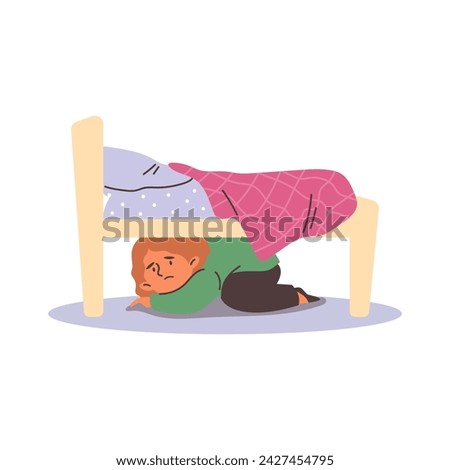 Worried scared kid hiding under the bed, flat vector illustration isolated on white background. Character of hiding child for theme of childhood fears and neuroses.