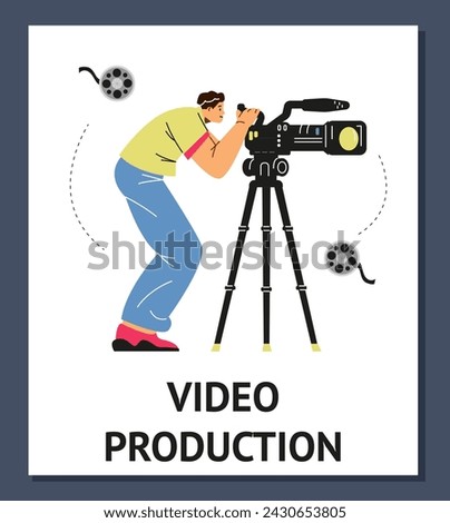 Television video operator looking through camcorder on tripod. TV operator male or video maker records film on professional camera. Cartoon movie video production vector poster