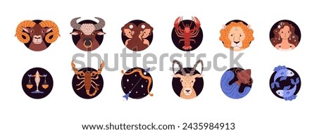 Set of round shapes with different zodiac signs flat style, vector illustration isolated on white background. Decorative design elements collection, astrology and esoteric