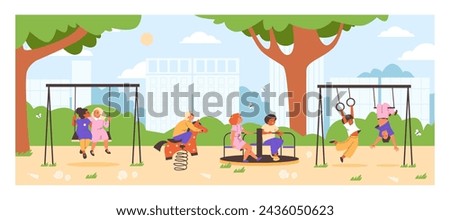 An inviting park scene unfolds with children and an elder enjoying various playground equipment, all under a clear sky in this inviting vector illustration