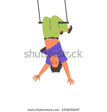 A carefree child hangs upside down from a swing, depicting the joy of play in a minimalist vector illustration.