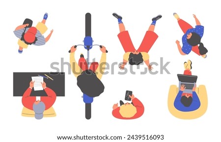 People, overhead view, set of isolated vector illustration in flat cartoon style. Various persons sitting, standing or walking, writing a letter or looking at a smartphone. Top view and unusual angle