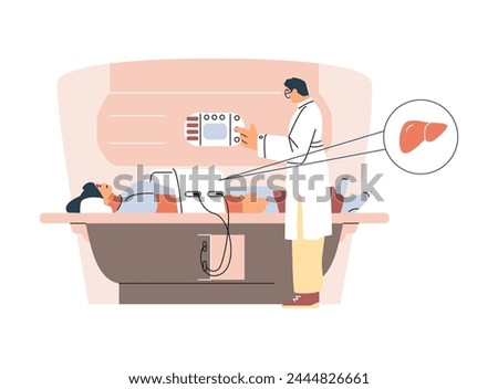 MRI procedure in the clinic. Image of a physician-guided liver scan using state-of-the-art MRI equipment. Vector illustration depicts the process of medical diagnosis.