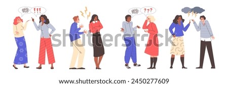 Diverse people engaging in heated discussions. Vector illustration set featuring cartoon characters with speech bubbles filled with exclamation marks, question marks, and lightning bolts.
