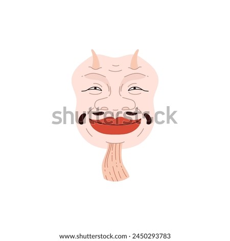 Kabuki mask or makeup with scary smiling face flat style, vector illustration on white background. Decorative design element, Japanese theatre, culture, horns and long beard