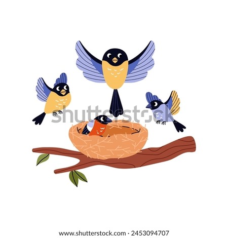 Blue birds fly over the nest on tree branch. Cute bird family home vector flat illustration. Cartoon nature wildlife, nestling. Bullfinch and tits isolated on white background