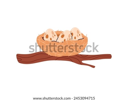Bird nest with spotted eggs on the tree branch. Bird house vector flat illustration. Cartoon element of nature isolated on white background. Wildlife, nestling, new life