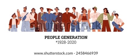 People generations 1928-2020 vector illustration. Cartoon human characters evolution of Silent, Baby Boomers, X, Y millennial, Z and alpha social development