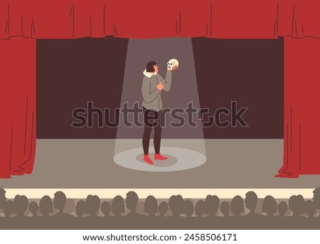 Theater scene with actor holding a skull, in spotlight, evoking a classic soliloquy. Vector illustration captures theatrical drama of Hamlet