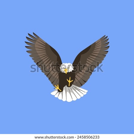 Majestic eagle in flight, its wings spread wide against a blue sky, captured in a simplistic and stylized vector illustration.