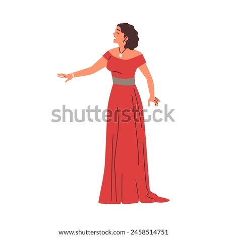 A passionate theater actress in a red dress delivers a dramatic monologue. Vector illustration capturing the essence of stage performance.