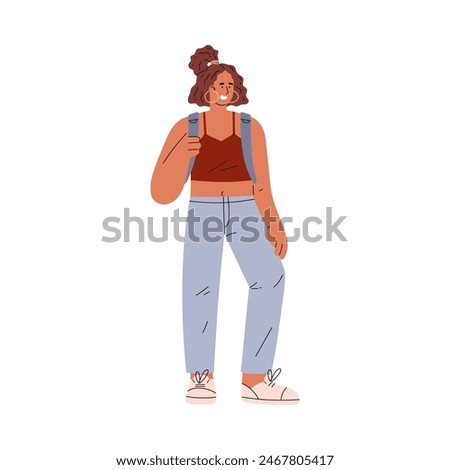 Generation Y youth in casual clothes. The vector illustration shows a young woman wearing jeans and a crop top, reflecting fashion from 1981-96. Isolated flat icon.