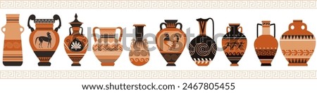 Ancient Greece amphoras with patterns vector flat illustrations set. Antique various shapes and designs vase, old clay jug with decorative handles. Vintage ceramic pitcher museum exhibits collection