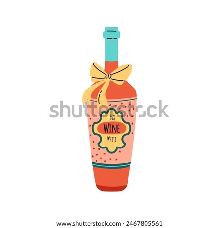 Wine bottle illustration. Cute vector wine bottle with bow, perfect for holiday gifts. Labeled with the year of issue, in a flat style on an isolated background.