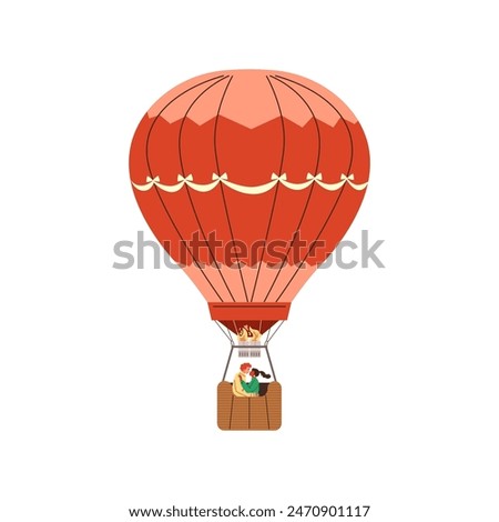 Happy couple in love flying on a hot air balloon flat vector illustration. Cute romantic man and woman lovers enjoying valentine's day on aerial balloon travel. Honeymoon adventure