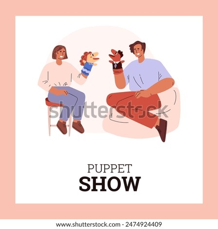 Family puppet show. A mother and daughter put on a show using two sock puppets. Entertaining theater at home. A fabulous children's performance. Vector illustration isolated on white background.