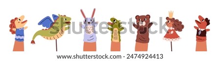 Handle or fingers puppets set vector flat illustration. Cartoon fairy tale toy heroes princess, dragon and animals. Childish theater dolls collection isolated on white background. Kids entertainment