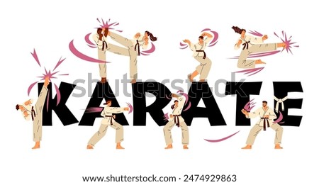 Karate woman and man fighters in kimono training vector flat typography banner. Japanese martial art, sport workout. Karate kick posture, combative technique exercise