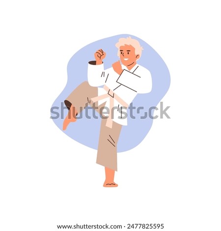 Boy kid wearing kimono and white belt, karate training vector flat illustration. Cartoon cute little karate child showing kicking attack techniques pose in martial art training practice isolated