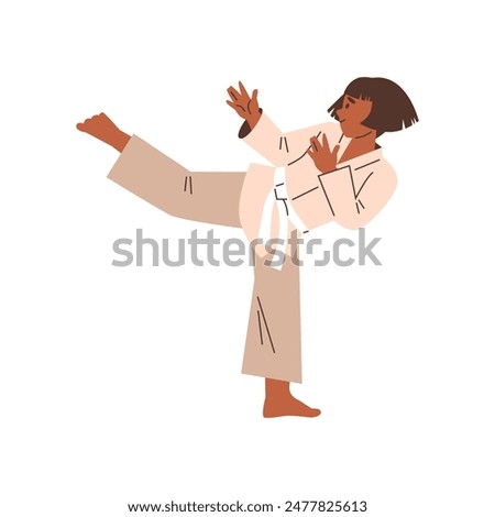 Children's karate lesson. Vector illustration of a young girl in a kimono and a white belt. Children's martial arts theme on isolated background in flat style.