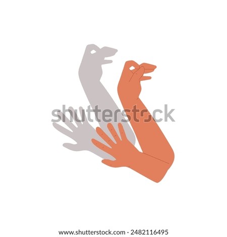 Hand gestures shadow theater, showing bird from palms and fingers vector flat illustration. Cartoon gaming animal puppet peacock, rooster or chicken from hands theatrical action isolated on white