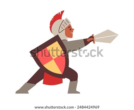 Boy dressed as a knight in armour with shield and sword. Child in costume for a fairy tale theater play vector flat illustration. Cartoon kid actor character performance, theatre show