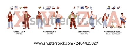 People generations typographic vector set. Cartoon human characters representing X, Y millennial, Z and alpha generations social development. Classification of evolution periods and progress symbols