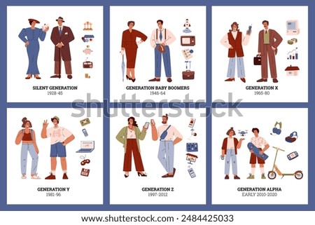 People generations card design vector set. Cartoon human characters of Silent, Baby Boomers, X, Y millennial, Z and alpha social development. Classification of evolution periods and progress symbols