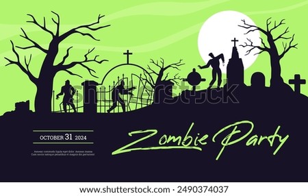 Zombie party October 31 invitation banner. Halloween horror graveyard background with zombie and walking dead, cemetery fence, moonlight for holiday poster. Tombstones and old trees silhouettes