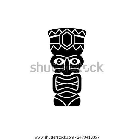 Black silhouette vector Tiki mask. Traditional Polynesian woodcut illustration of a totem on an isolated background. Hawaiian ceremonial symbol. Ideal for tattoos and designs.