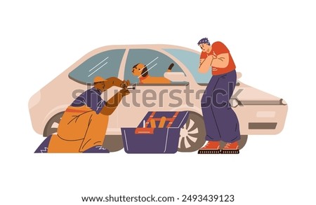 Locksmith opens the lock on the car door to free the dog remaining in the car. Owner is concerned. Repairman in overalls, toolbox. Door repair service. Vector illustration isolated on white background