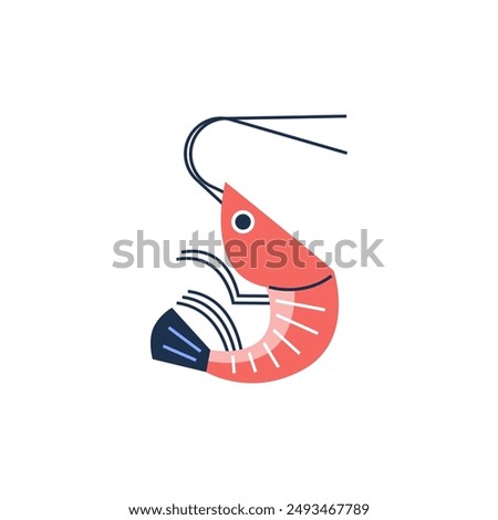 Shrimp icon. Whole prawn with antennae, legs and tail. Cute cartoon prawn marine wildlife, ocean or sea fauna. Vector flat illustration isolated on white background. Fresh sea food