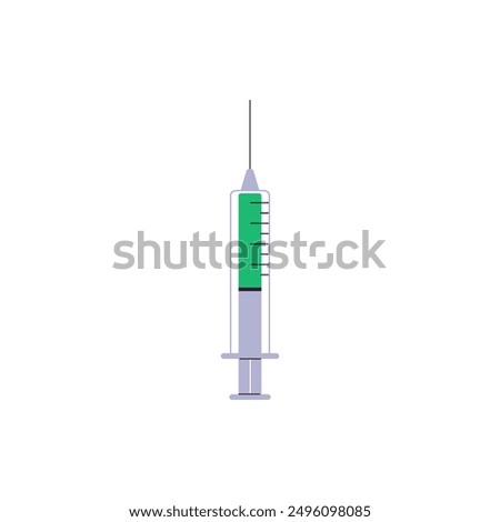 Medical plastic syringe with a needle and medicine. Painkiller. Vaccine. Drug injections. Treatment of the disease. First aid kit. Medical tool. Vector illustration isolated on white background.